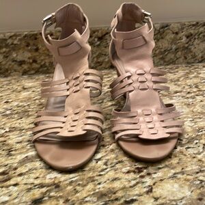 Sz 9.5M Franco Sarto dress sandals. 2 1/2” stacked leather heels. Fawn leather.